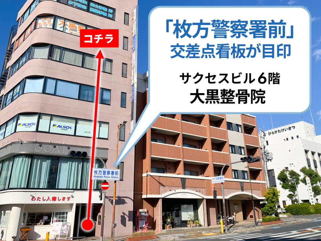 「枚方警察署前 」交差点看板が目印 サクセスビル6階大黒整骨院